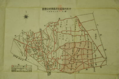 麻溝村の地図（右下の赤線部分が軍の買収地）